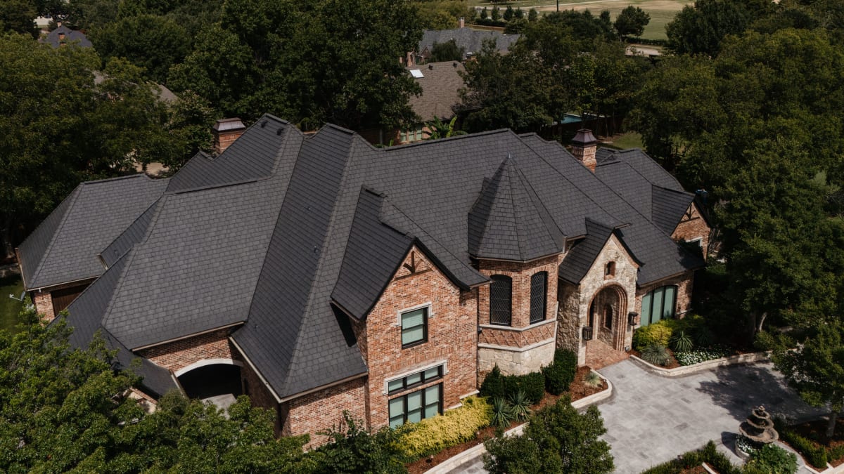 Aerial view of a DW Construction luxury roof installation