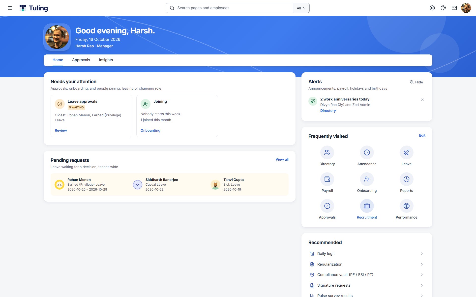 Corporate HRMS detail screenshot from the Tuling ERP