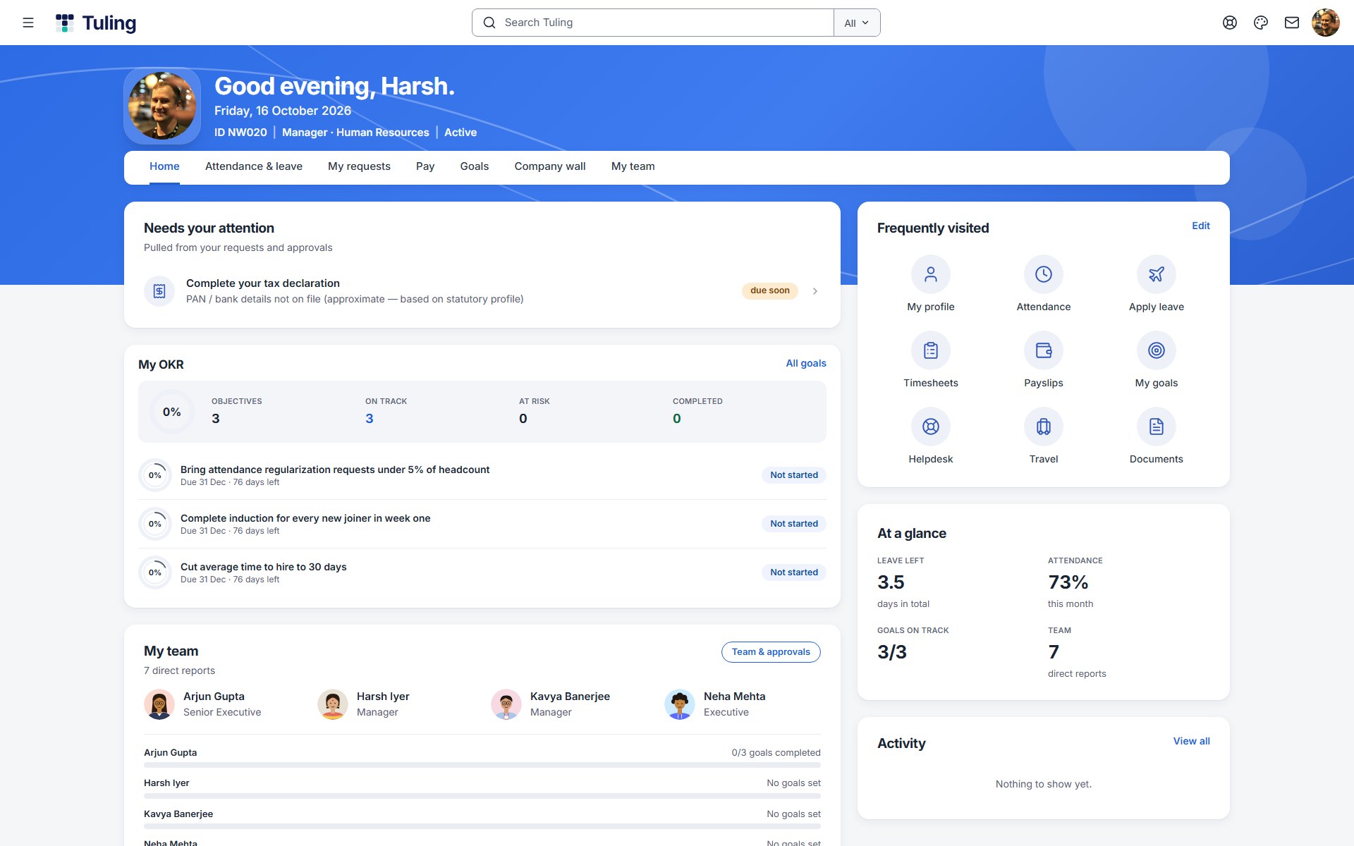 Tuling employee self-service home with goals, team, leave balance and attendance