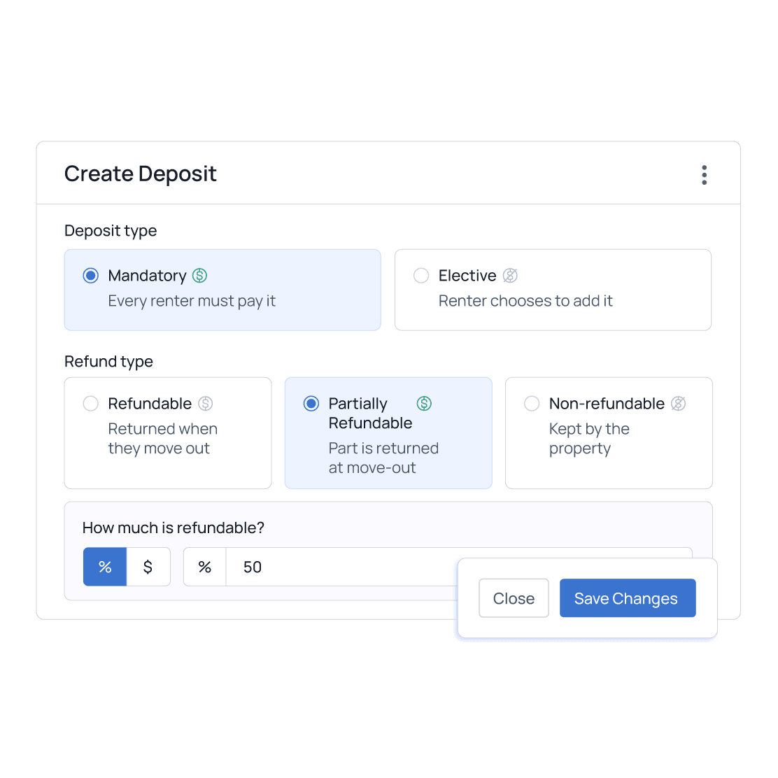 RealRents deposit setup marking a deposit as mandatory or elective and refundable, partially refundable, or non-refundable, with the refundable share defined