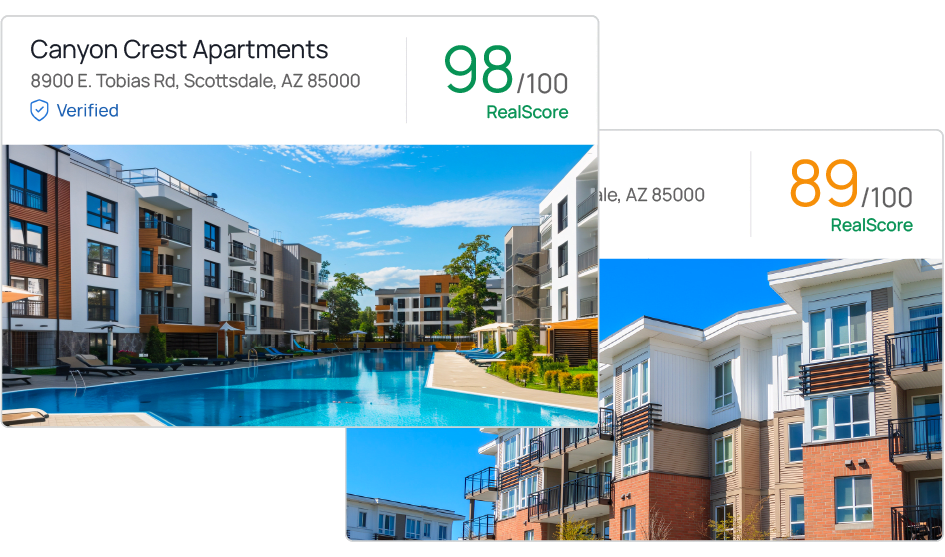 Side-by-side view of two apartment listings, each ranked by RealScore to show verified, merit-based apartment ratings for renters.