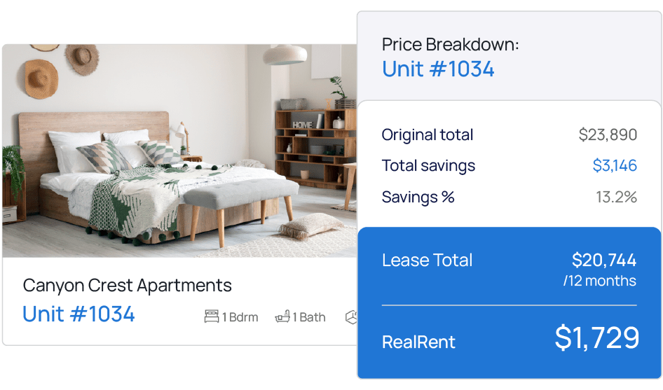RealRents price breakdown showing a $23,890 original total, $3,146 in savings, and a $1,729 all-in RealRent that includes concessions, fees, and specials.