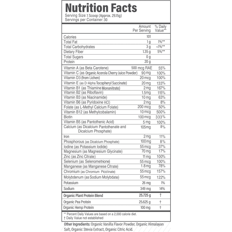 Organic Complete Plant-Based Protein supplement facts