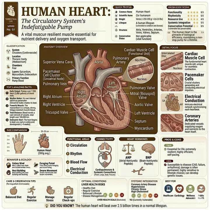 Infographic diagram of human heart anatomy showing chambers, valves, pacemaker cells, and heart facts