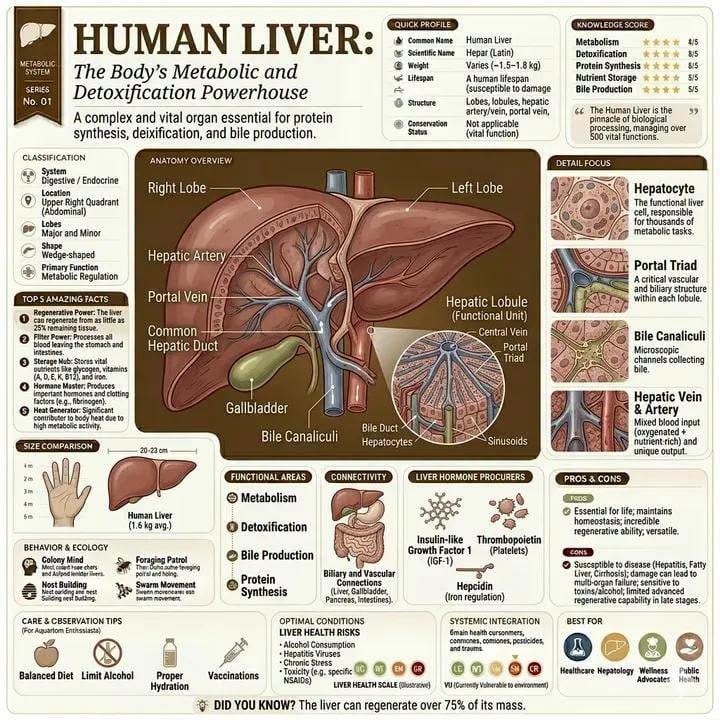Infographic diagram of the human liver showing lobes, hepatic artery, portal vein, bile duct, and hepatic lobule anatomy