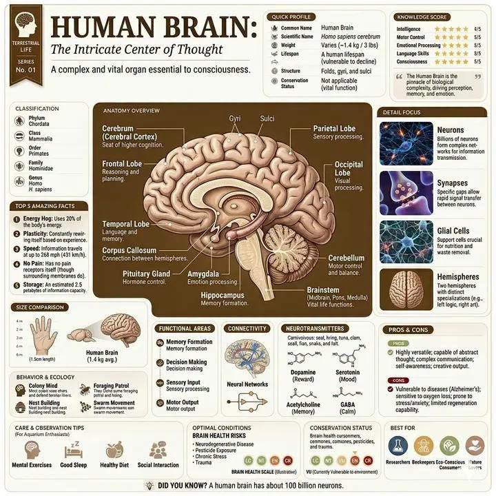 Infographic diagram of the human brain showing lobes, brainstem, cerebellum, and key facts
