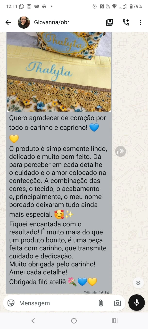 Mensagem de uma cliente do Filó Ateliê