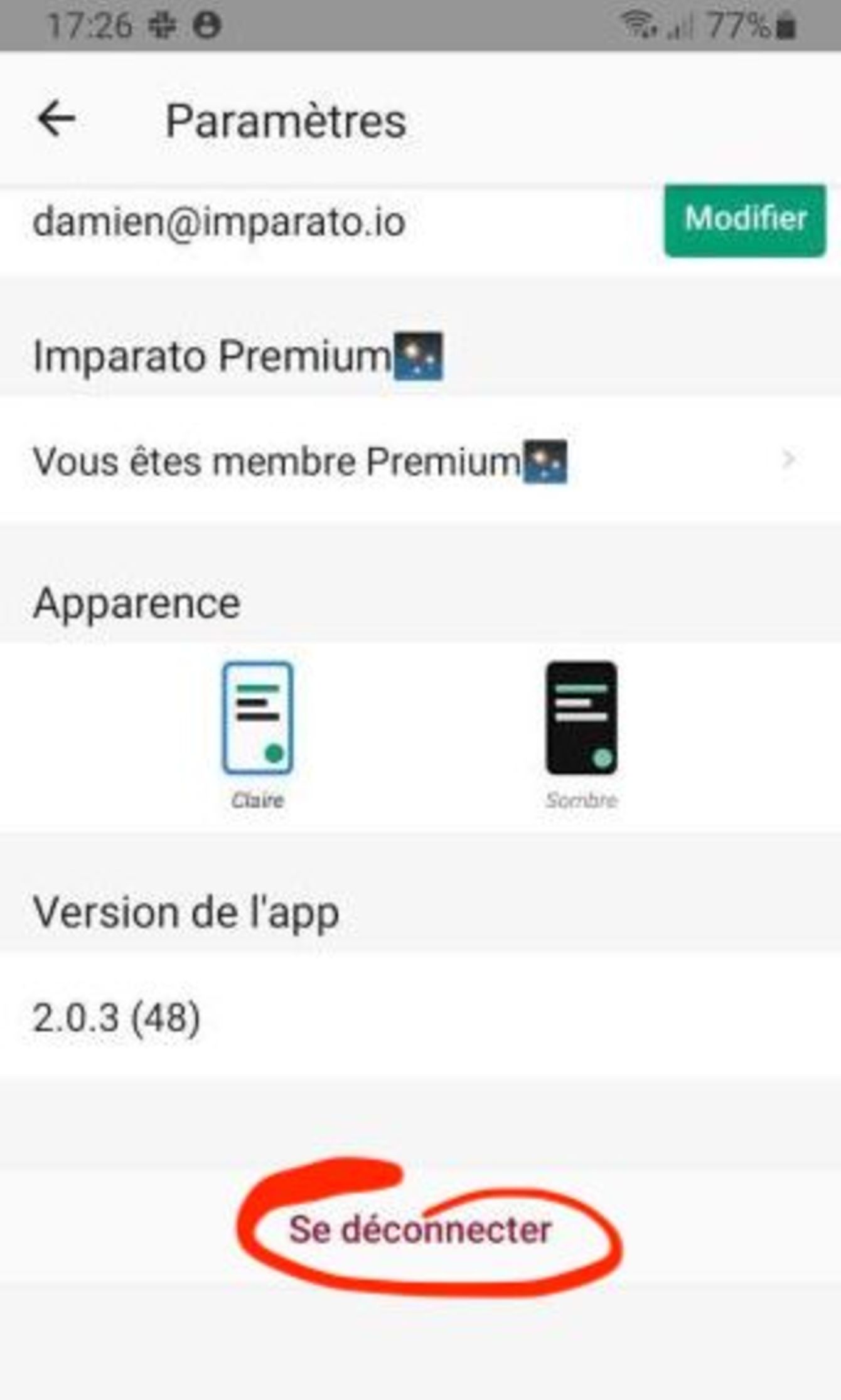 se deconnecter depuis l'application