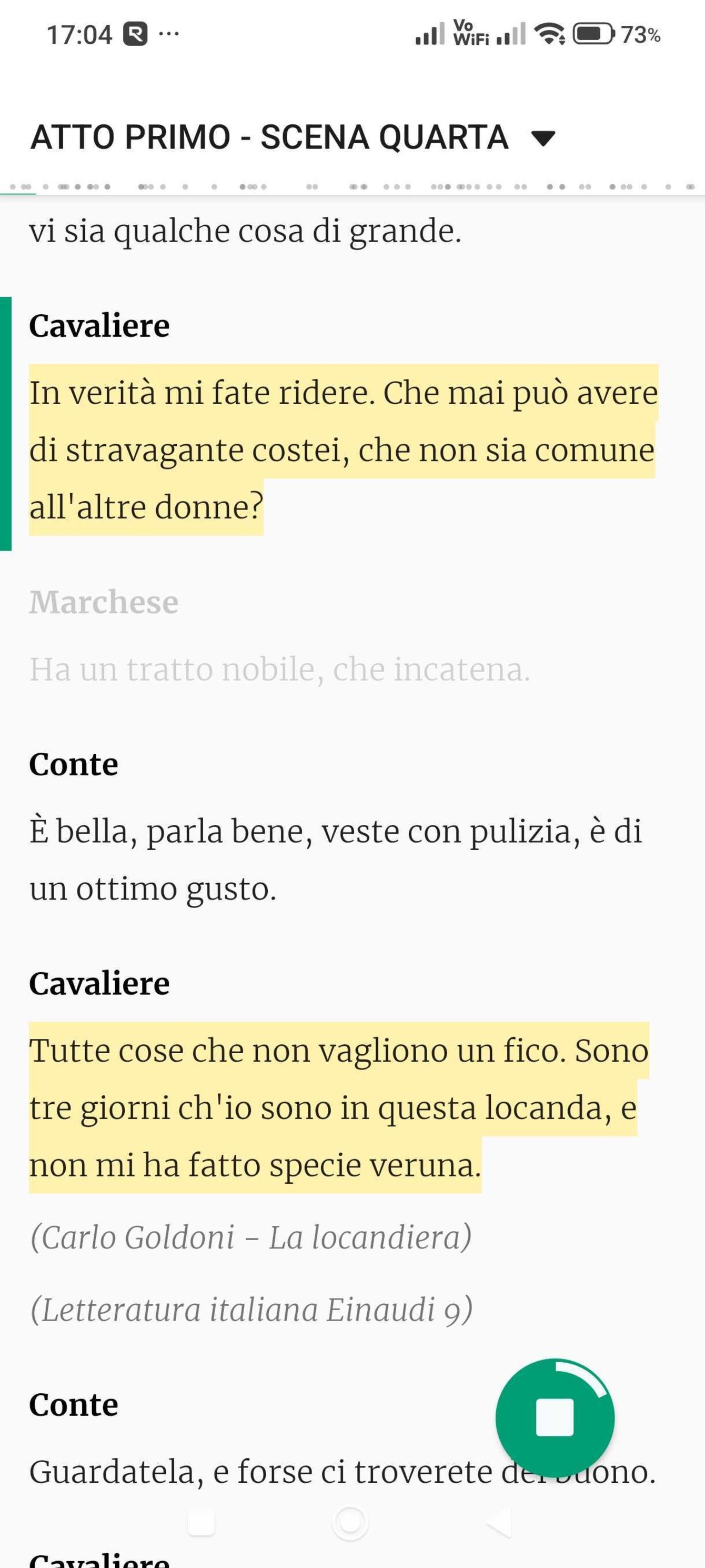 Il copione su Imparato: La locandiera di Goldoni