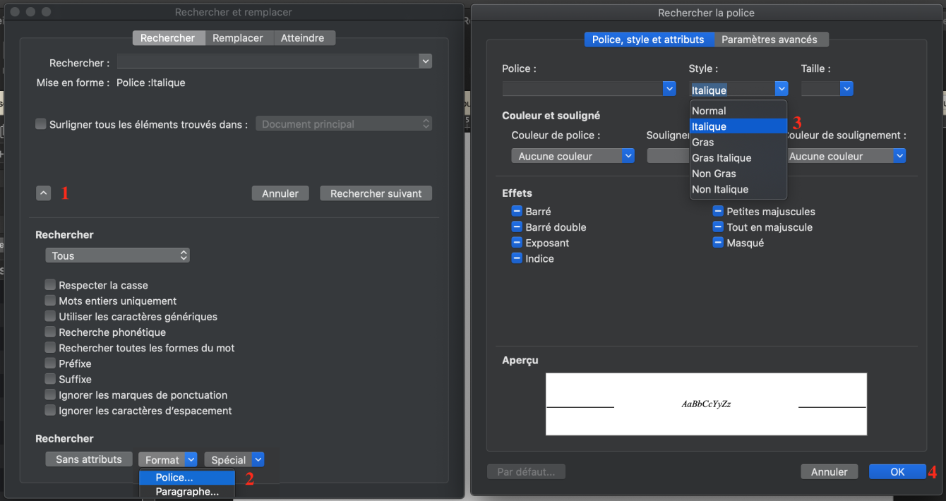 word replace italics with parentheses 3