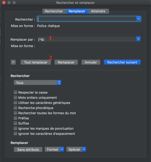 word replace italics with parentheses 4