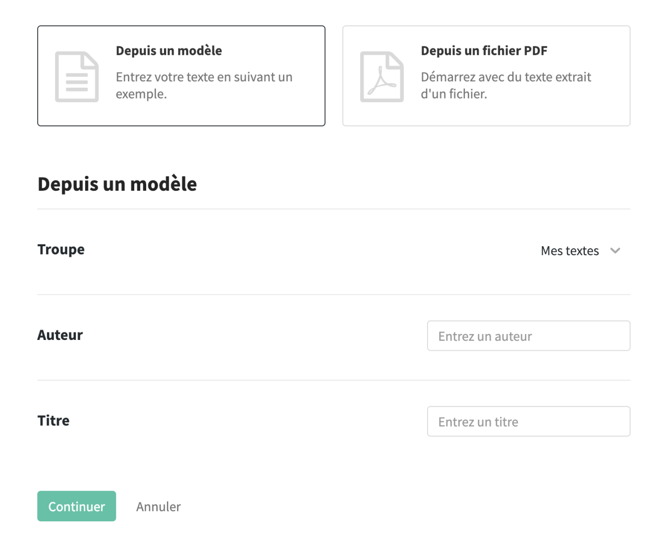 champs pour la création d'un nouveau texte
