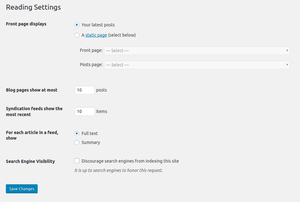 Reading settings wordpress