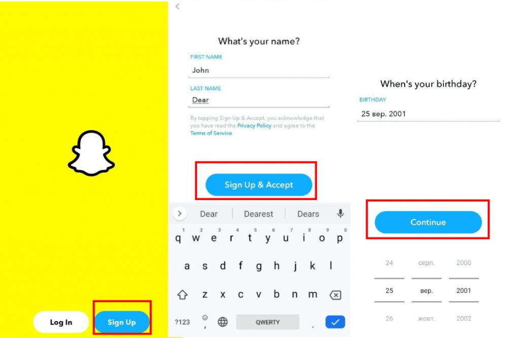 Registration in snapchat