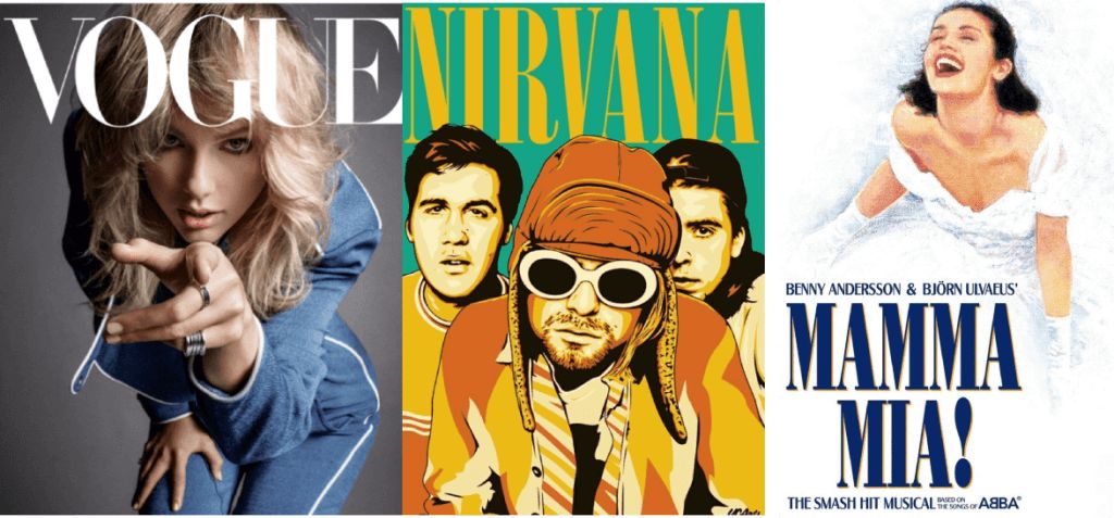 Vogue’s and Nirvana’s logos, posters for the musical “Mamma Mia!”