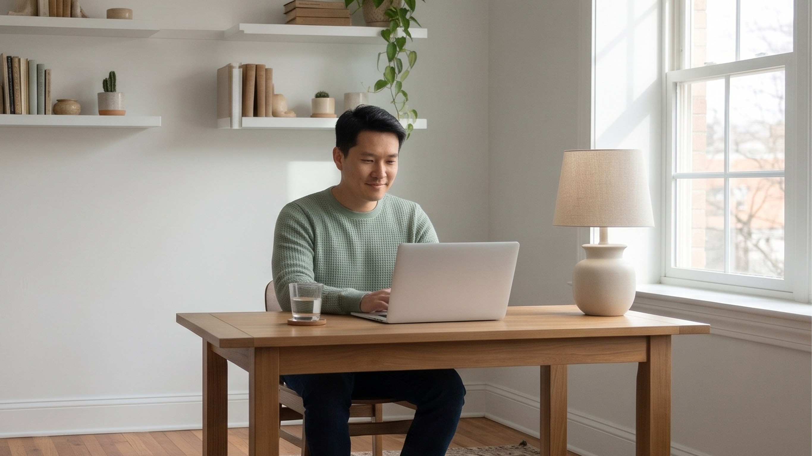 man works from home at his computer