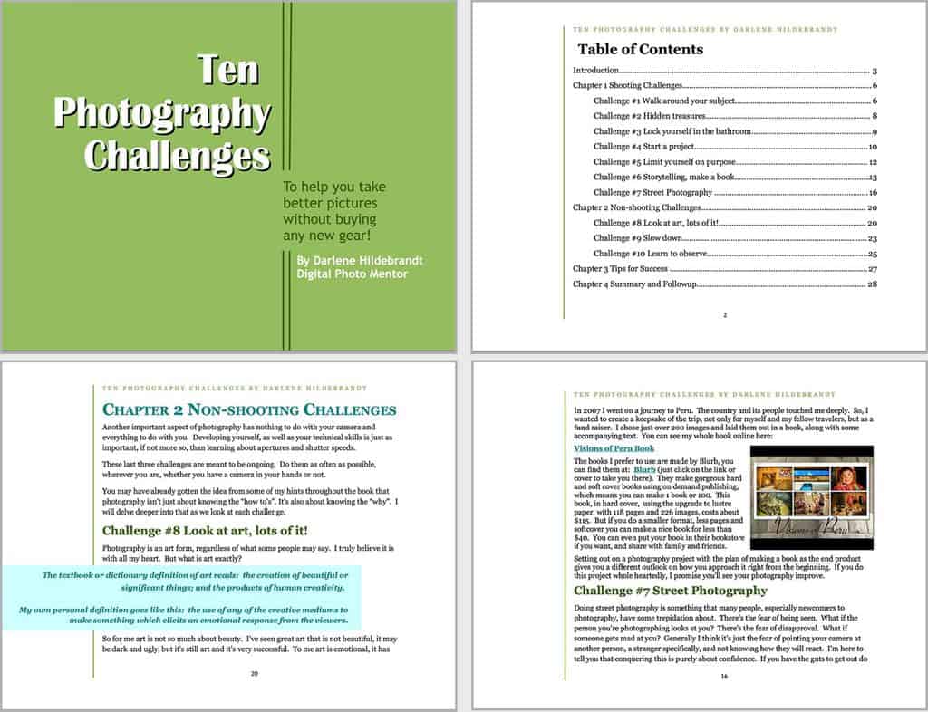 Here's a few sample pages of Darlene's Photo Challenge ebook before she worked with a designer.