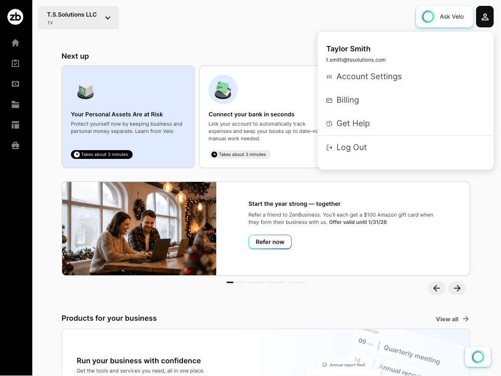 screenshot of the zenbusiness dashboard with account settings open