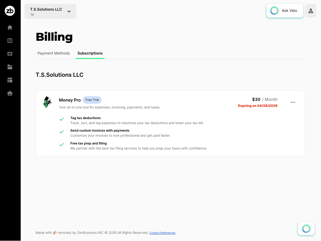 screenshot showing the zenbusiness subscription page with a cancelled subscription