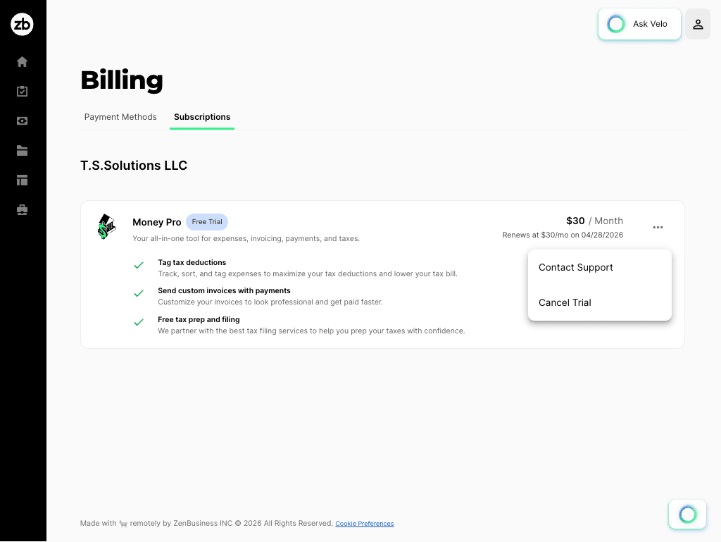 screenshot of the zenbusiness subscription options dropdown
