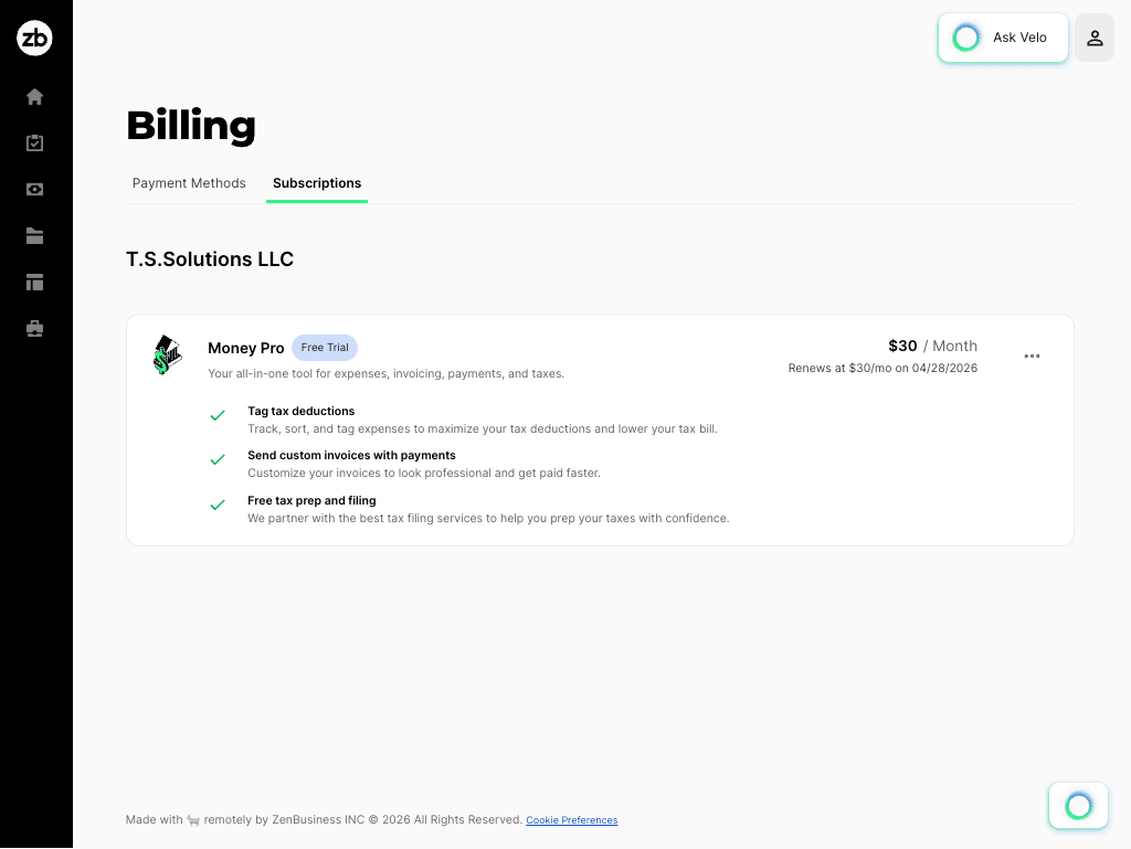screenshot of the zenbusiness subscriptions page