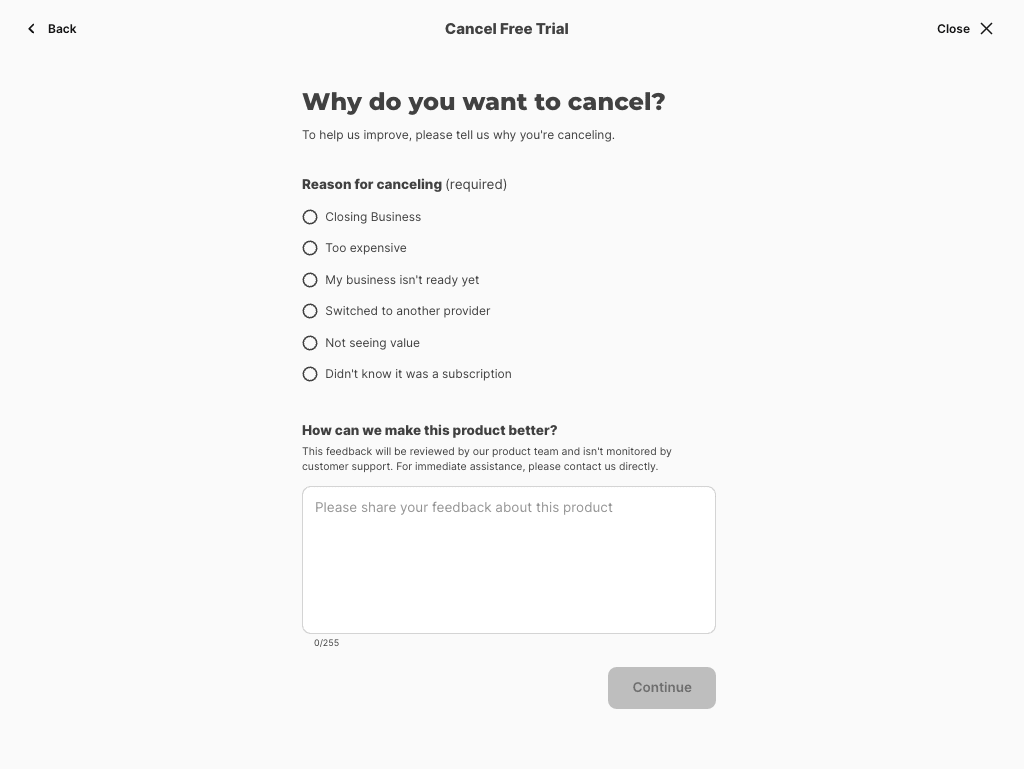 screenshot of the zenbusiness subscription cancellation reason page