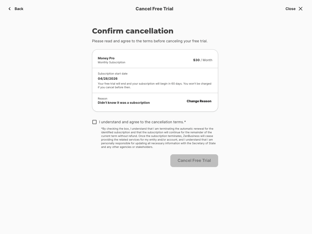 screenshot of the zenbusiness subscription cancellation confirmation page