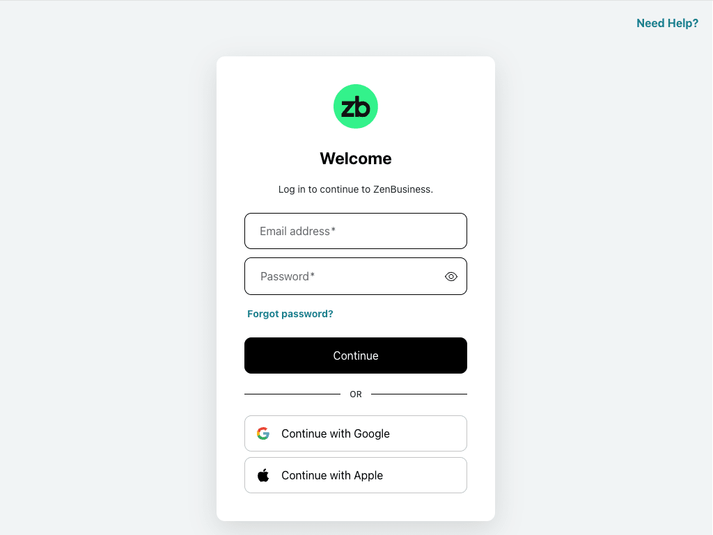 screenshot of the zenbusiness login form