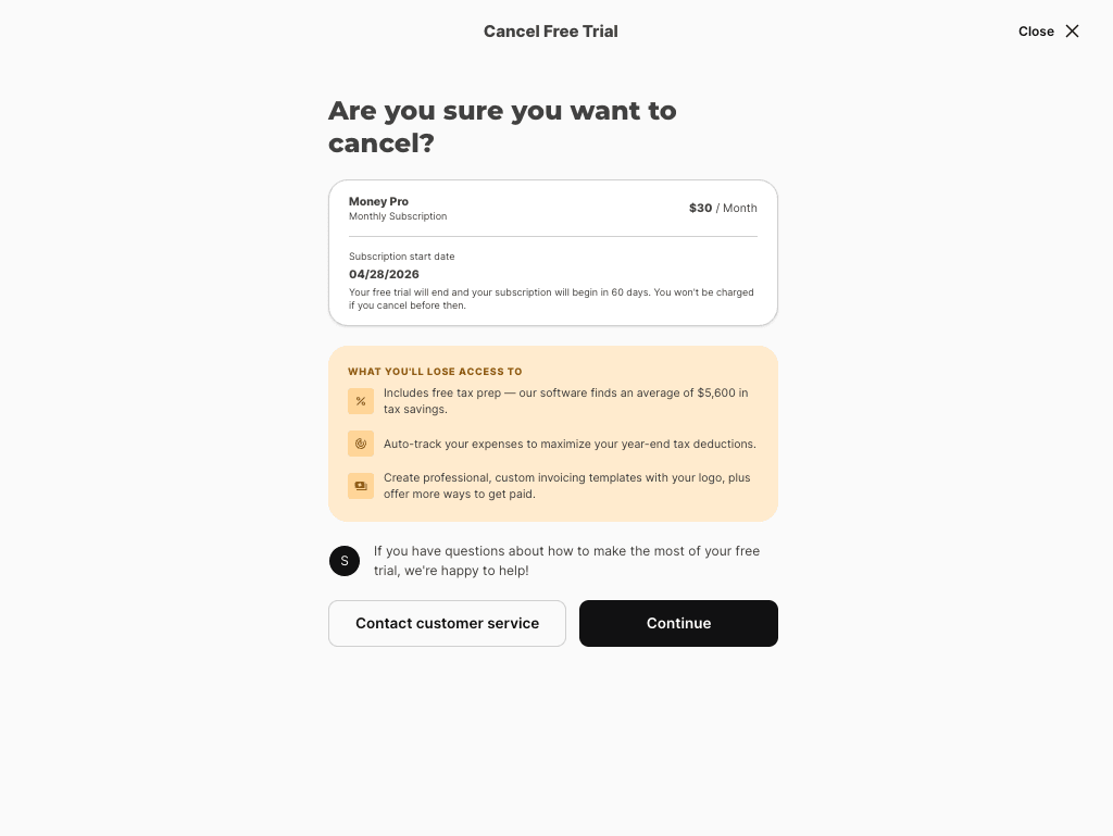 screenshot of the zenbusiness subscription cancellation page