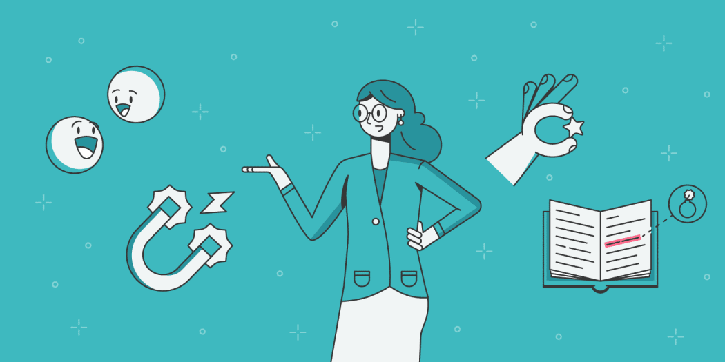 woman with precision, magnetism, communication, and knowledge icons on teal background.