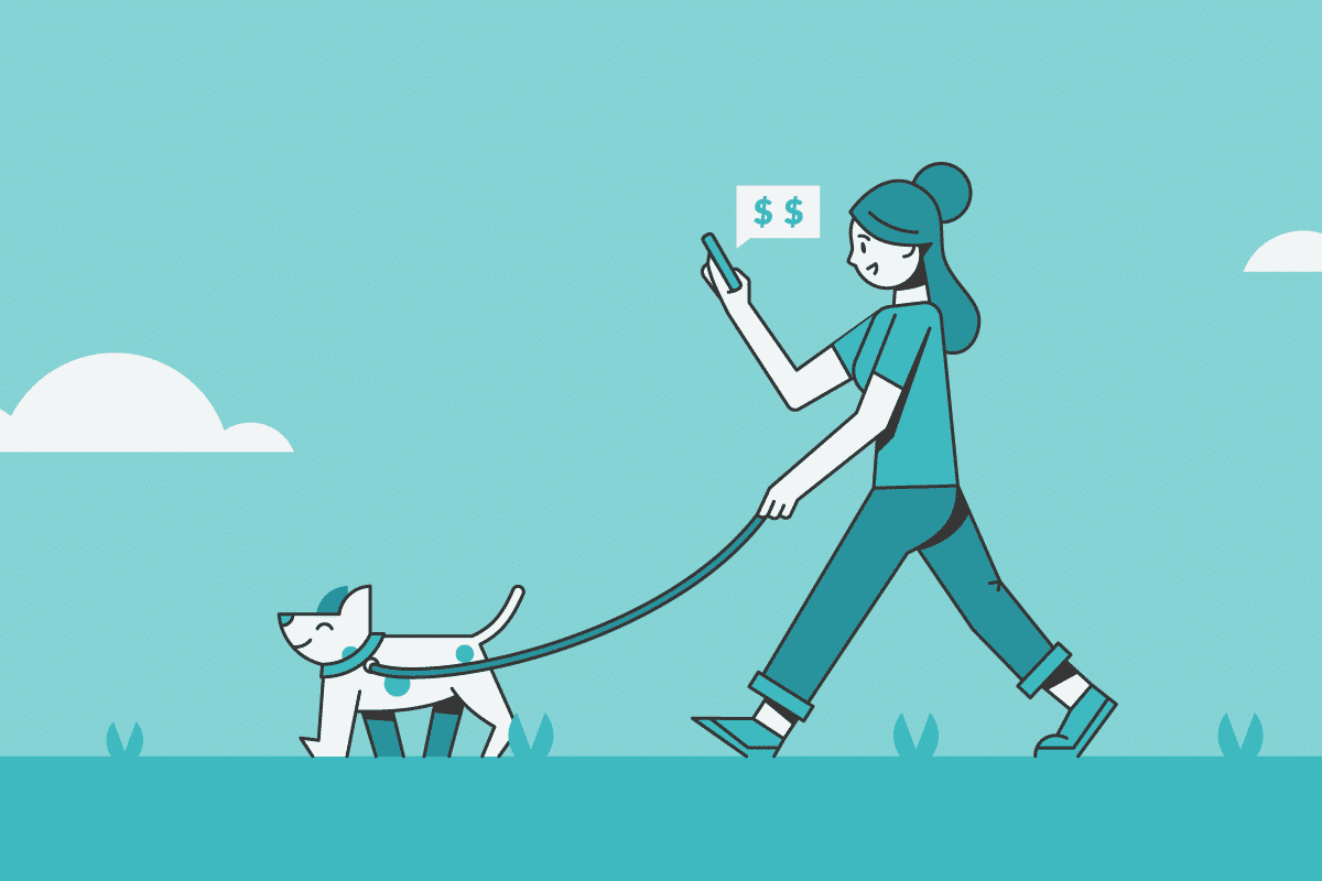 gig worker walking dog while earning money on her phone.