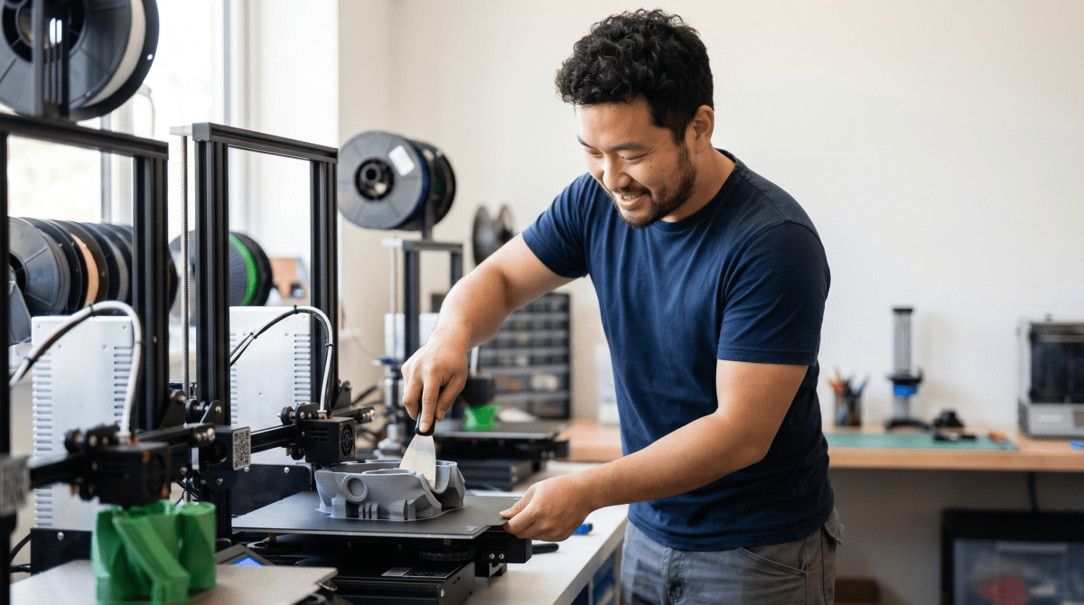 3D printing service owner operating a 3D printer for a custom manufacturing and prototyping business