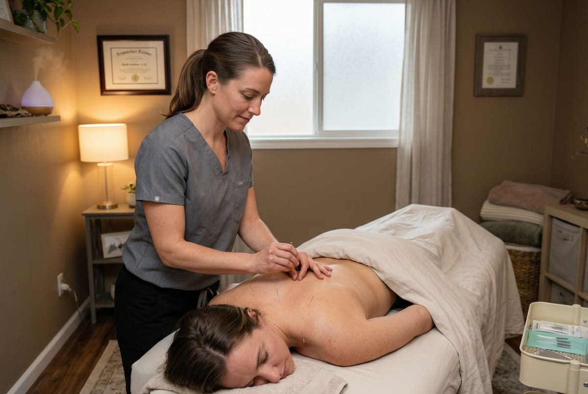 Licensed acupuncturist business owner performing an acupuncture treatment on a relaxed client
