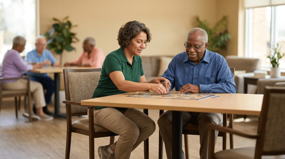 Adult day care business owner providing compassionate care and companionship to an adult client