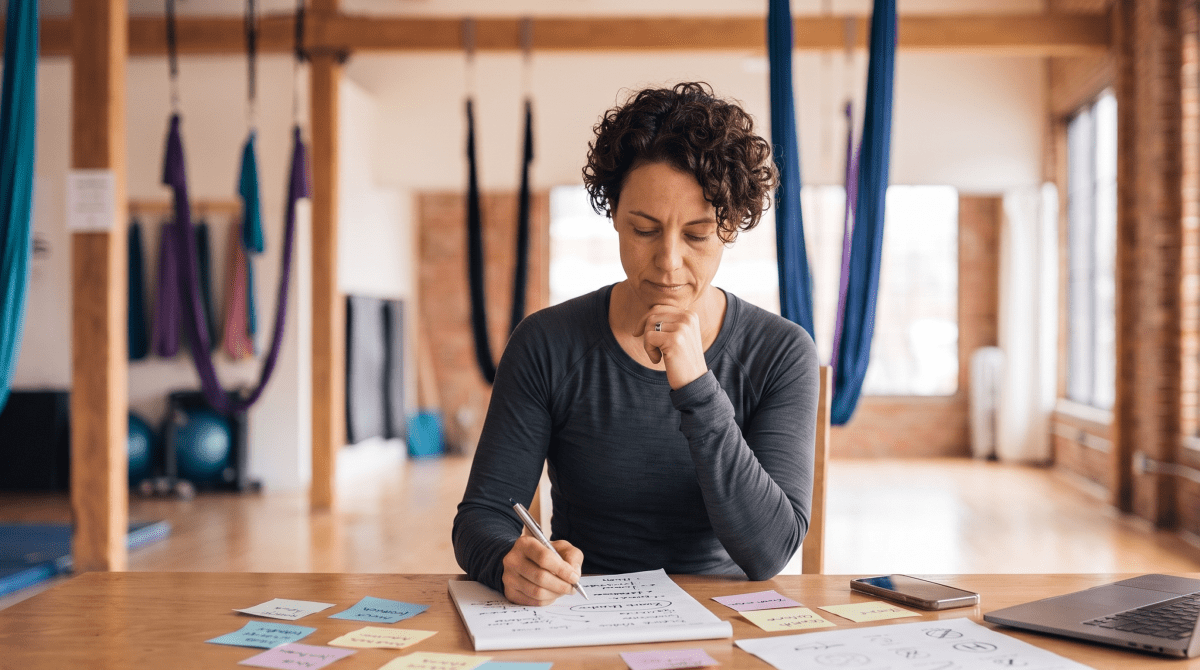 Aerial fitness owner brainstorming business name ideas