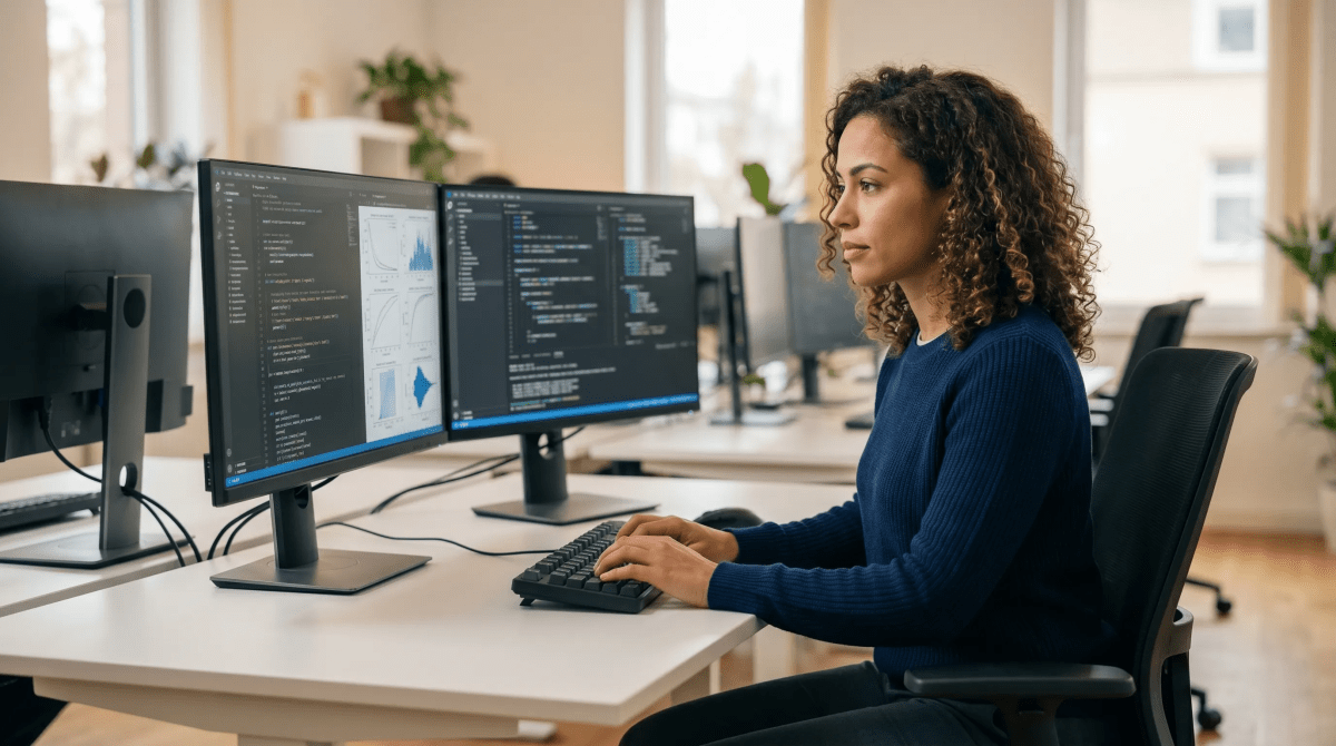 AI and machine learning consulting company owner working on project on computer monitor