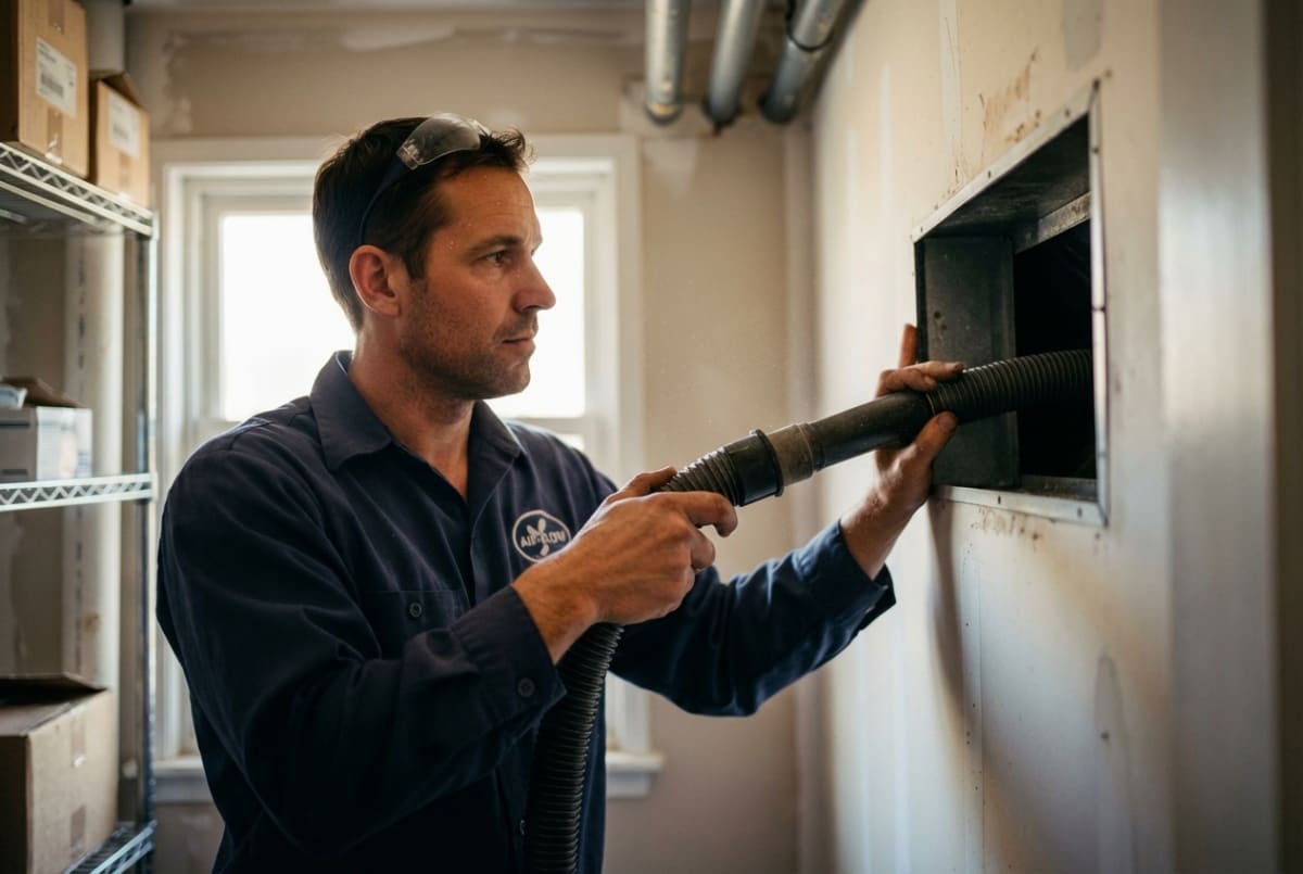 Air duct and HVAC cleaning service owner performing maintenance on a residential HVAC system