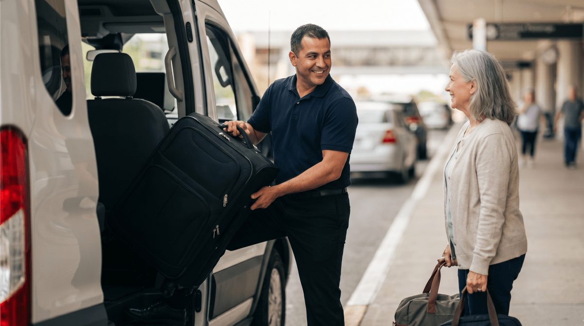Airport shuttle service driver transporting passengers to and from the airport