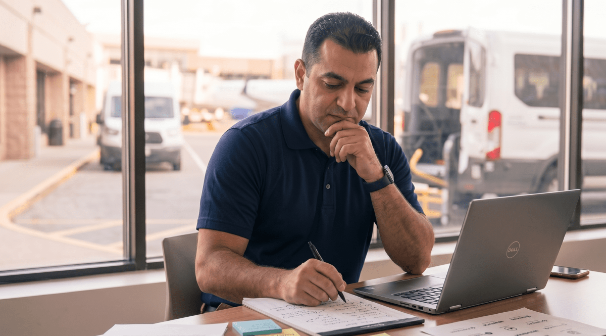 Airport shuttle service owner reviewing LLC business name ideas