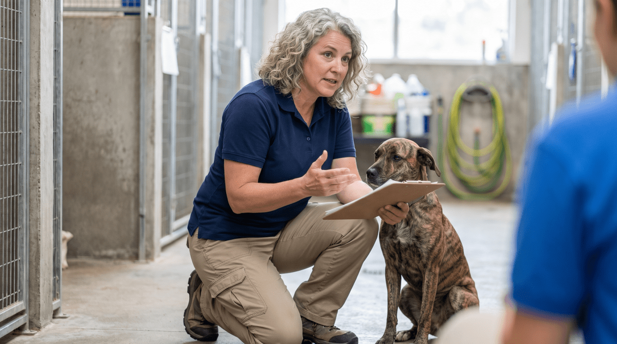 Animal shelter consultant reviewing facility plans with staff on site