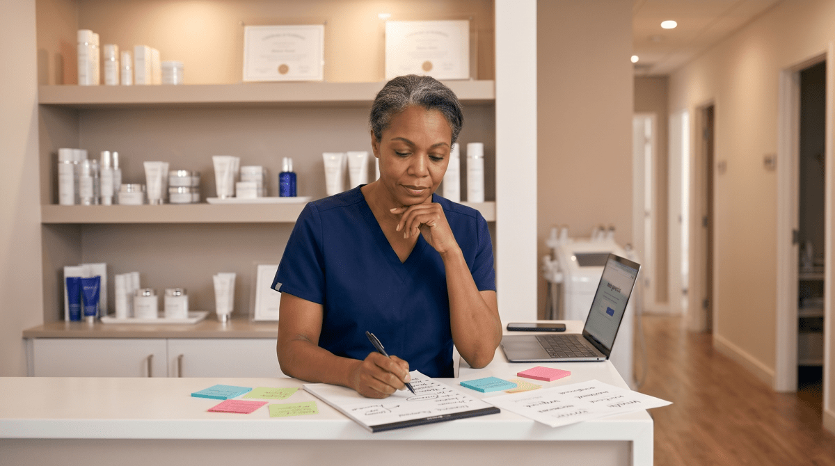 Anti-aging studio owner brainstorming business name ideas