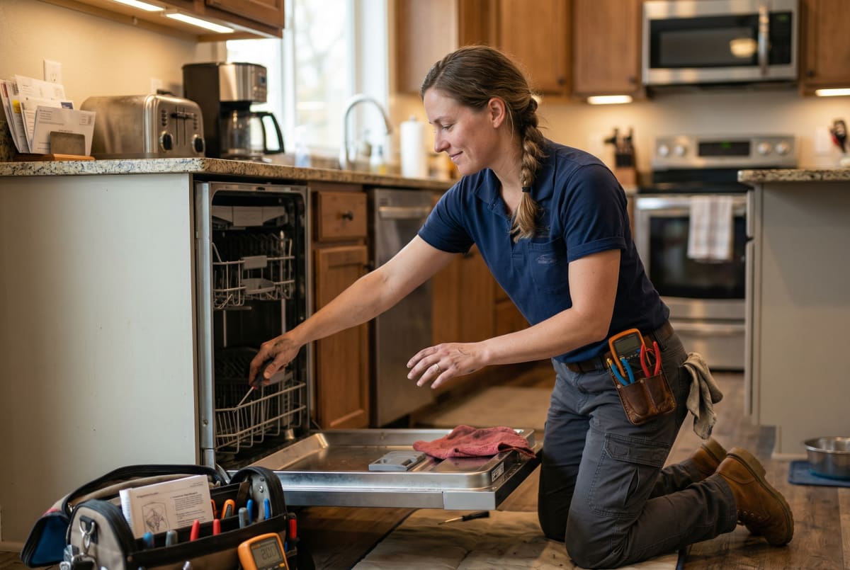 Appliance repair technician actively diagnosing and fixing a household appliance on a service call