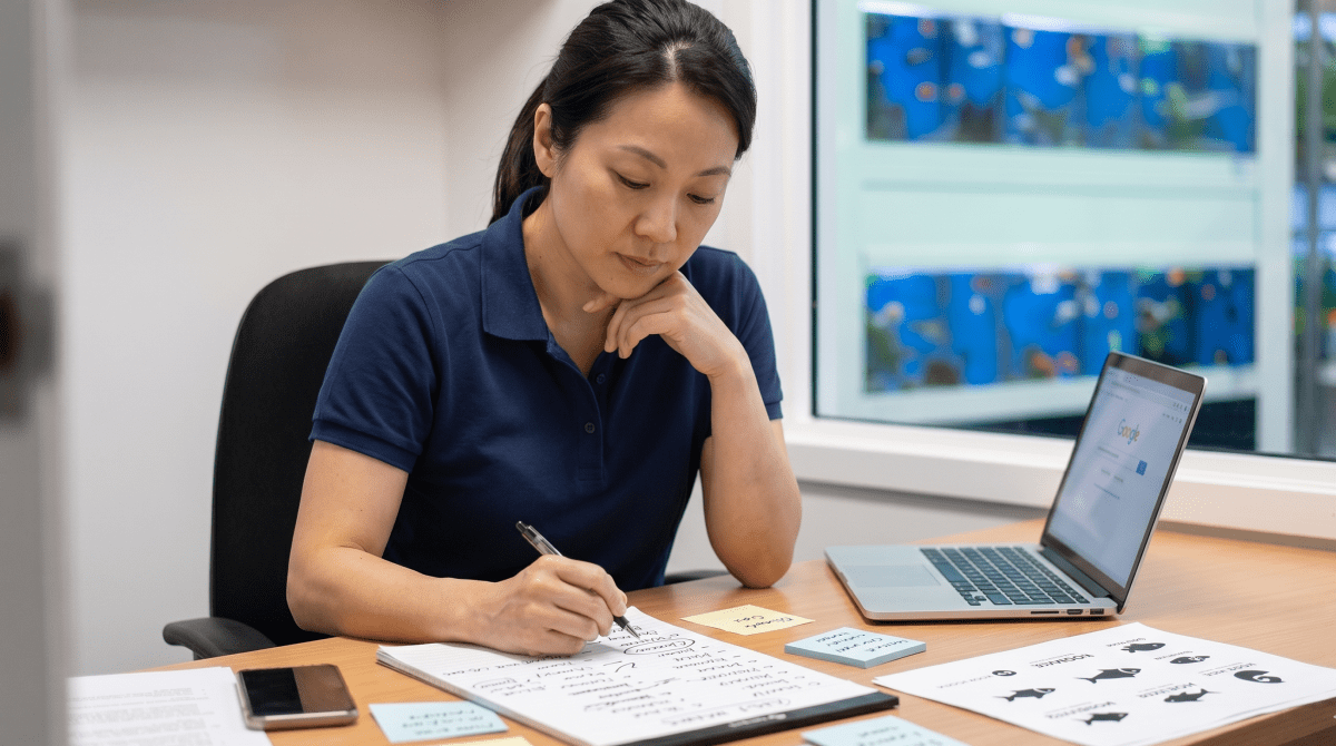 Aquatic pet store owner creating business name ideas for an LLC