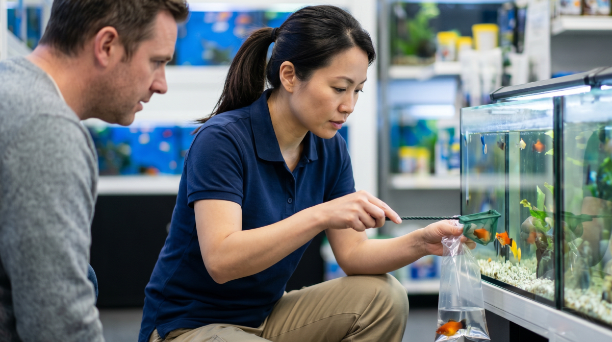 Aquatic pet store owner managing fish and aquatic life at a specialty pet store business