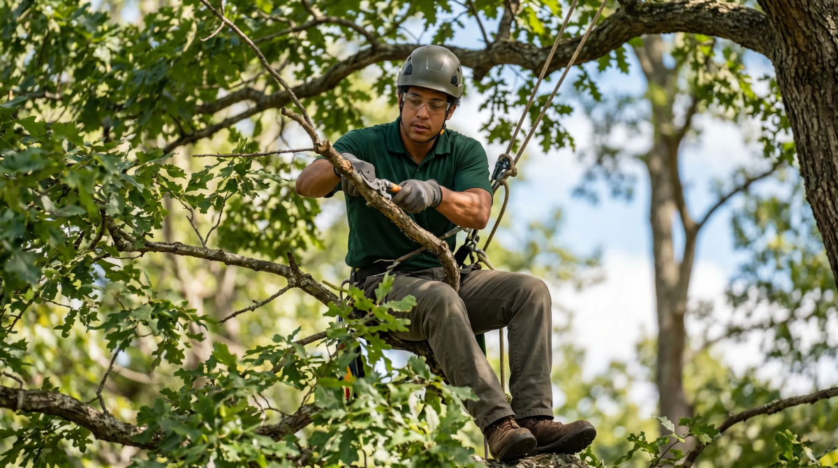 Arborist trimming trees for a professional tree care and landscaping business
