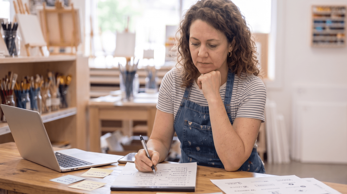 Art supply store owner brainstorming business name ideas