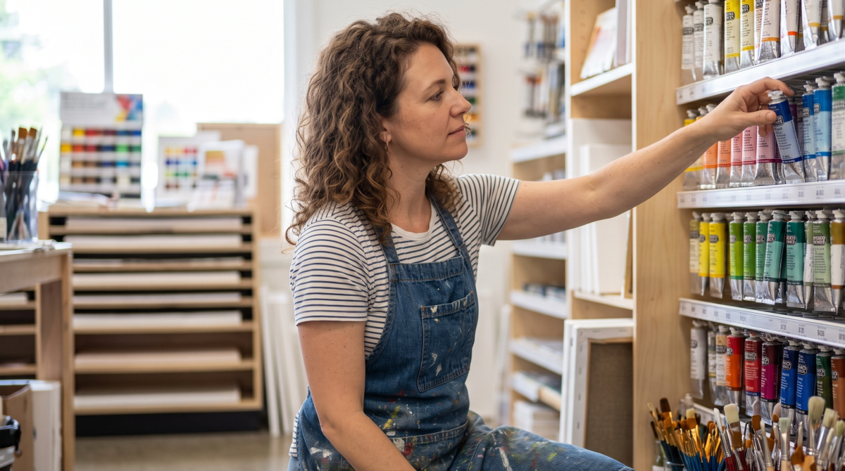 Art supply store owner running an art supply store