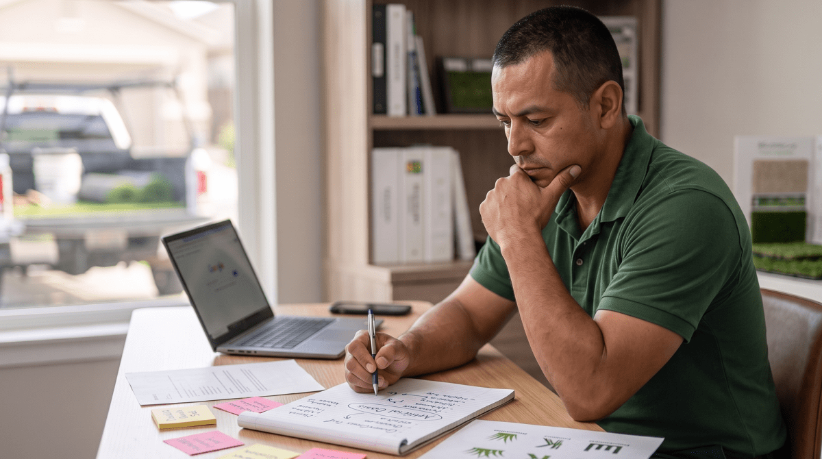Artificial turf installation owner brainstorming business name ideas