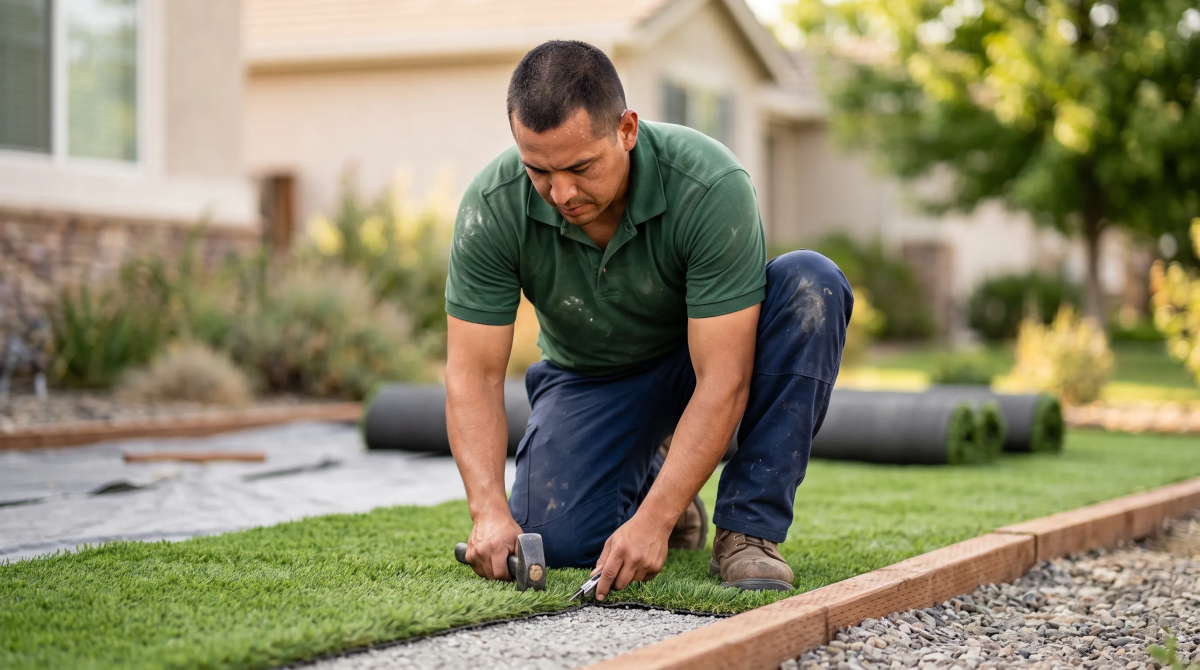Artificial turf installation business owner installing artificial turf