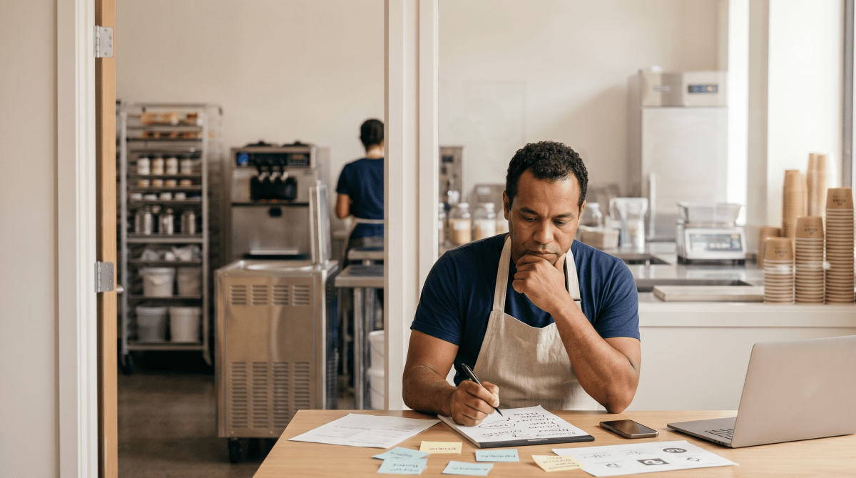 Artisan ice cream shop owner brainstorming business name ideas
